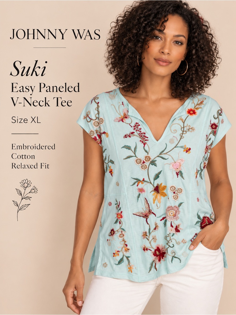 Johnny Was Suki Easy Paneled Embroidered V-Neck Tee Top Mint XL